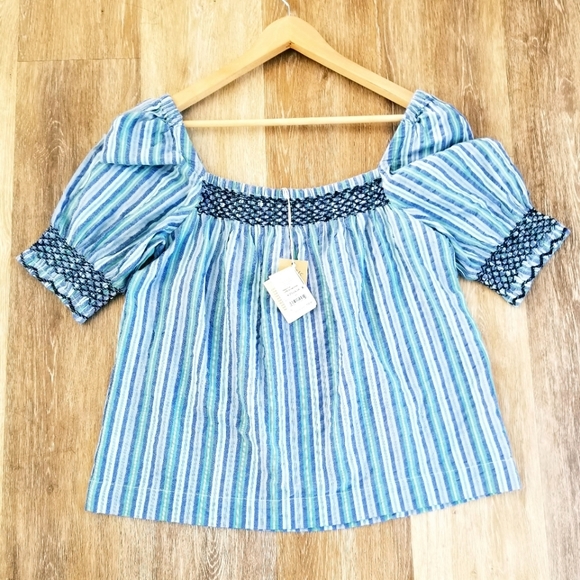 Faherty Presley Top Blue Coast Stripe Babydoll Square Neck Boho Smocked Organic - Picture 6 of 14
